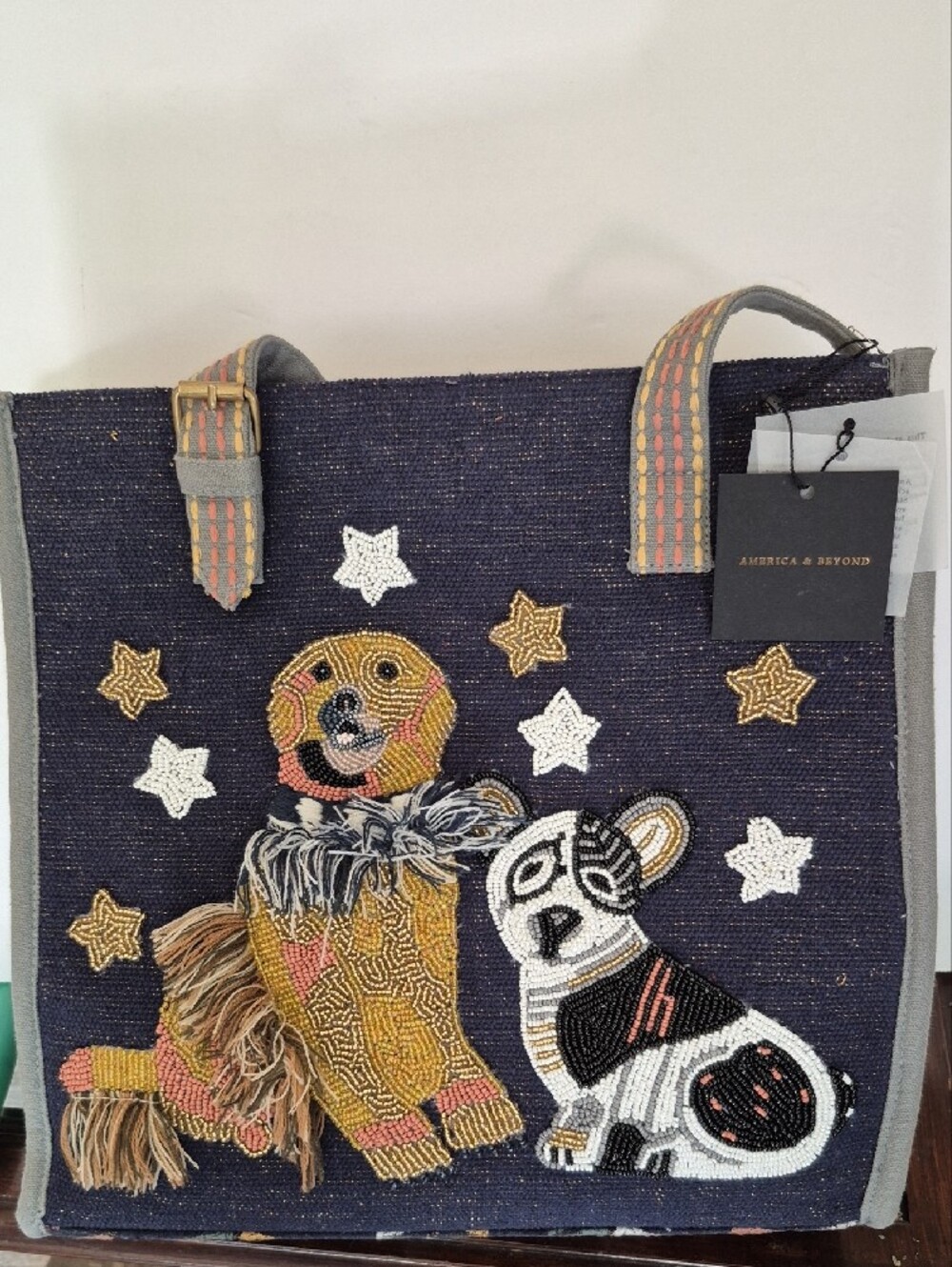 NWT American & Beyond Beaded Dogs & Stars Tote Bag in Navy